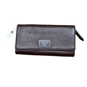 NEW Fossil Dawson Flap Clutch Espresso Brown Leather Wallet